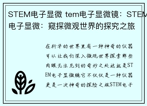 STEM电子显微 tem电子显微镜：STEM电子显微：窥探微观世界的探究之旅